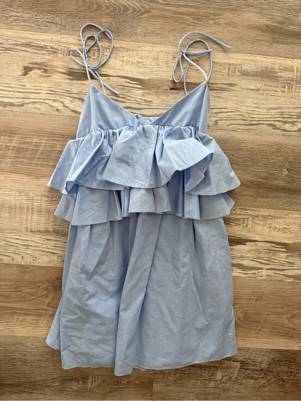 New Zara size S Light Blue Ruffle Tiered Women's Dress with pockets tie straps